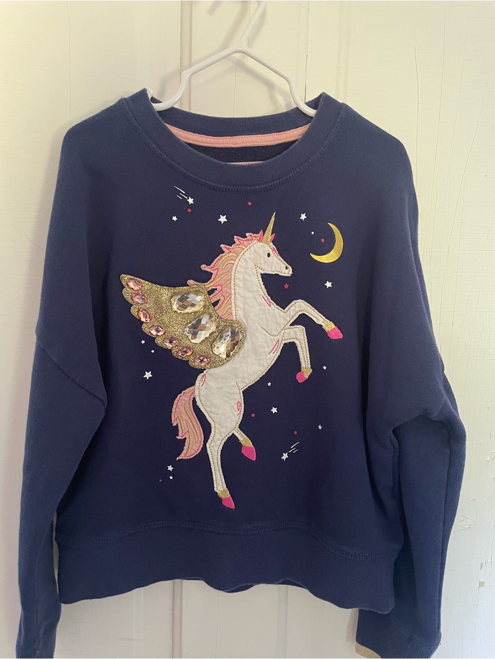 Mini Boden Navy Sweatshirt with Sequin Winged Unicorn